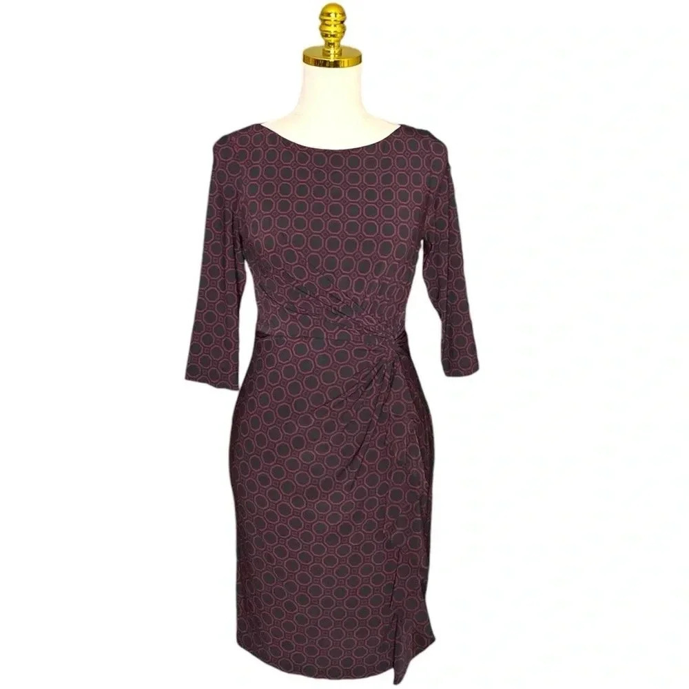 LAUREN RALPH L | Black Burgundy Geometric Ruffled Ruched Sheath Dress Size 4P